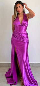 Simply Enchanted Orchid Halter Satin Gown