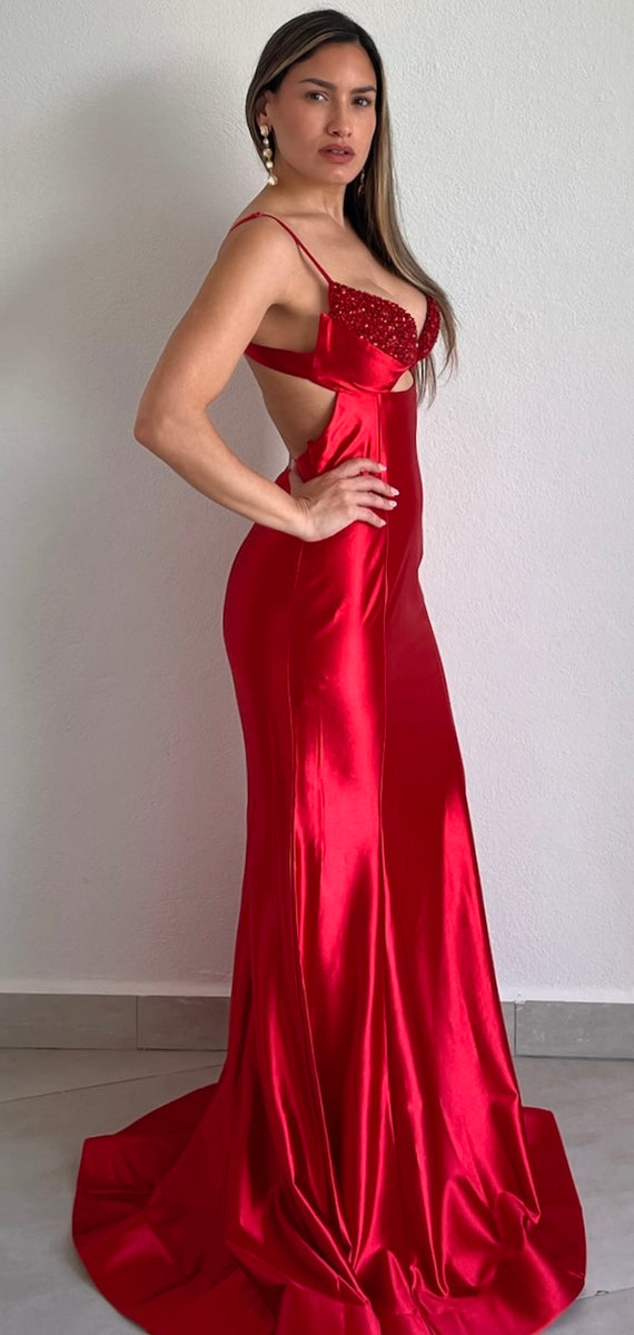 Modest Mermaid Spaghetti Straps Red Satin Formal Gown 20th Birthday Dress Prom Dresses 18th Birthday Outfits W0345 main image 1