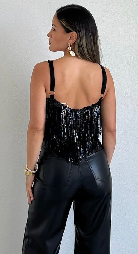 More than Iconic Black Sequins & Fringe Top