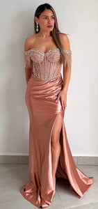 Glamorous Entrance Rose Gold Rhinestones Off Shoulder Gown