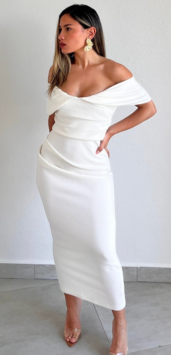 Classy Woman Off-Shoulder White Midi Dress