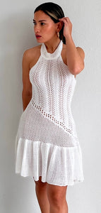 Villa Vacay White Crochet Halter Dress