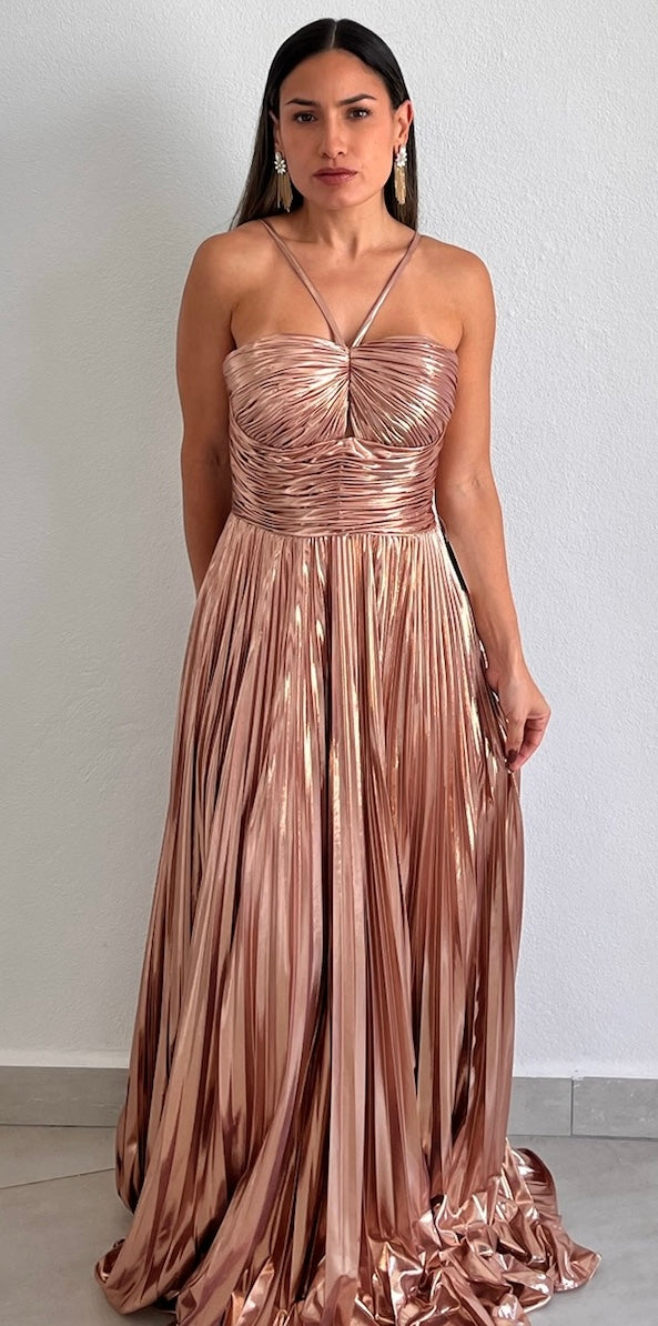 Metallic Angel Rose Gold Pleated Formal Gown – Zil boutique