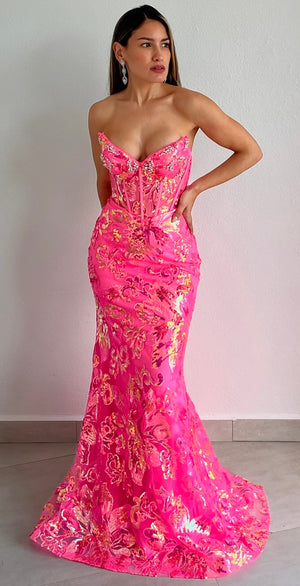 Striking Aura Hot Pink Sequins Formal Gown