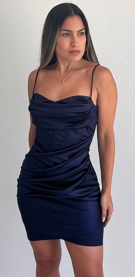 Sleek Essence Navy Satin Corset Bodycon Dress  Zil boutique