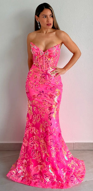 Striking Aura Hot Pink Sequins Formal Gown