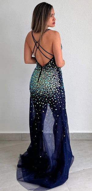 Magnetic Radiance Navy Stones Formal Gown
