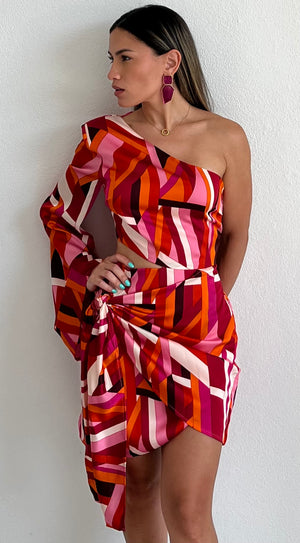 Lost in Your Eyes One-Shoulder Print Dress