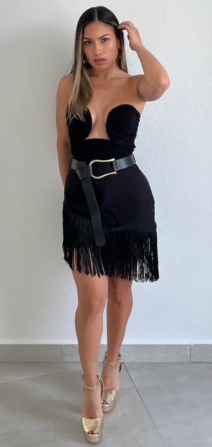 Confidently Chic Black Fringes Mini Skirt