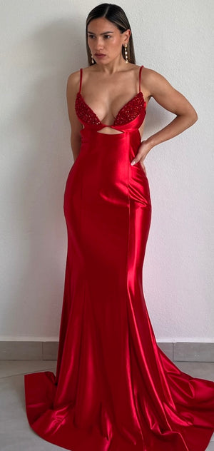 Gowning Around Red Satin Formal Gown