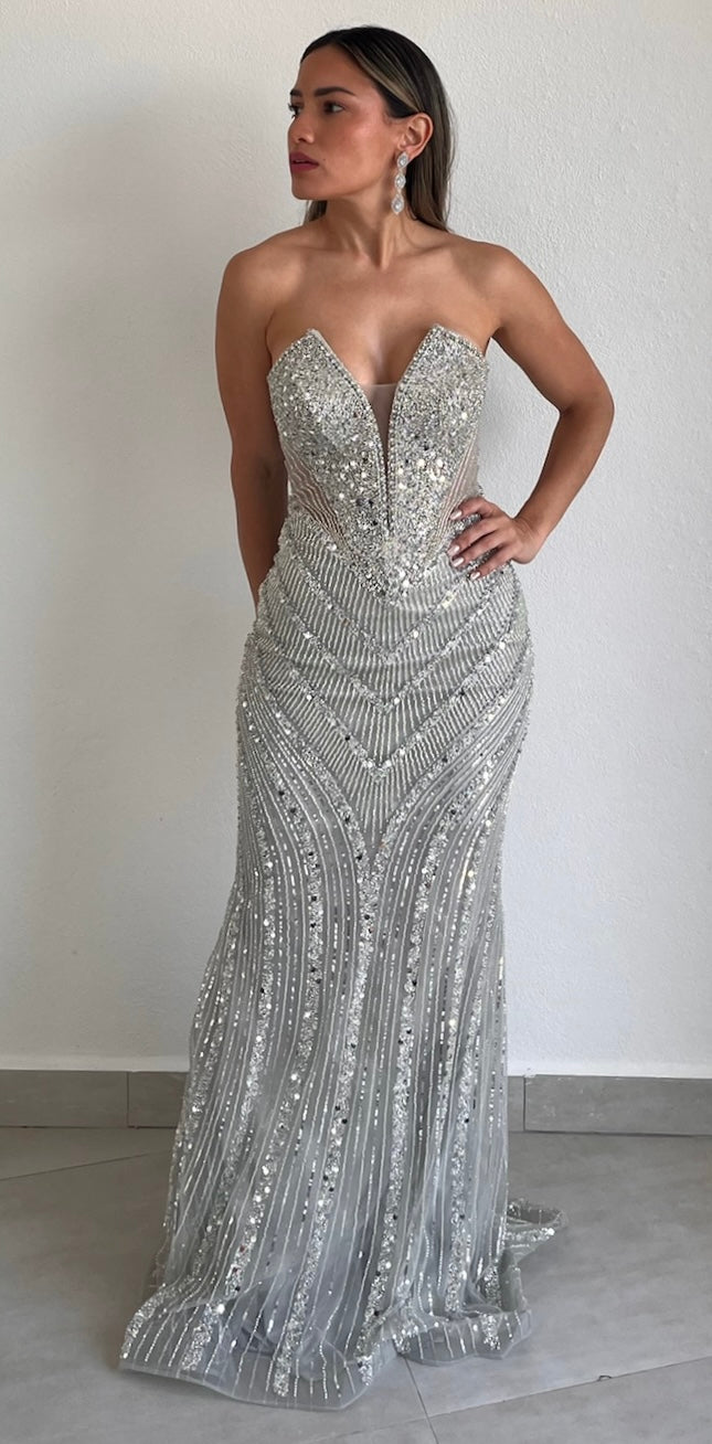 Elaborate Glam Silver Beaded Formal Gown