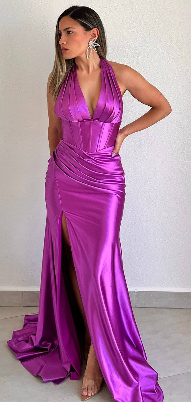 Simply Enchanted Orchid Halter Satin Gown