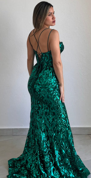 Shimmering Icon Emerald Sequins Formal Gown