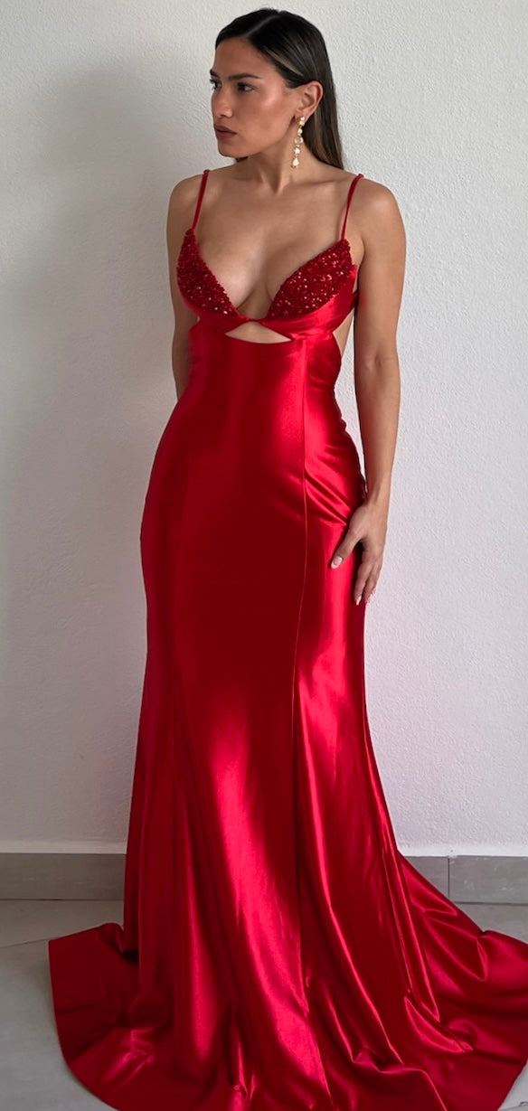 Gowning Around Red Satin Formal Gown