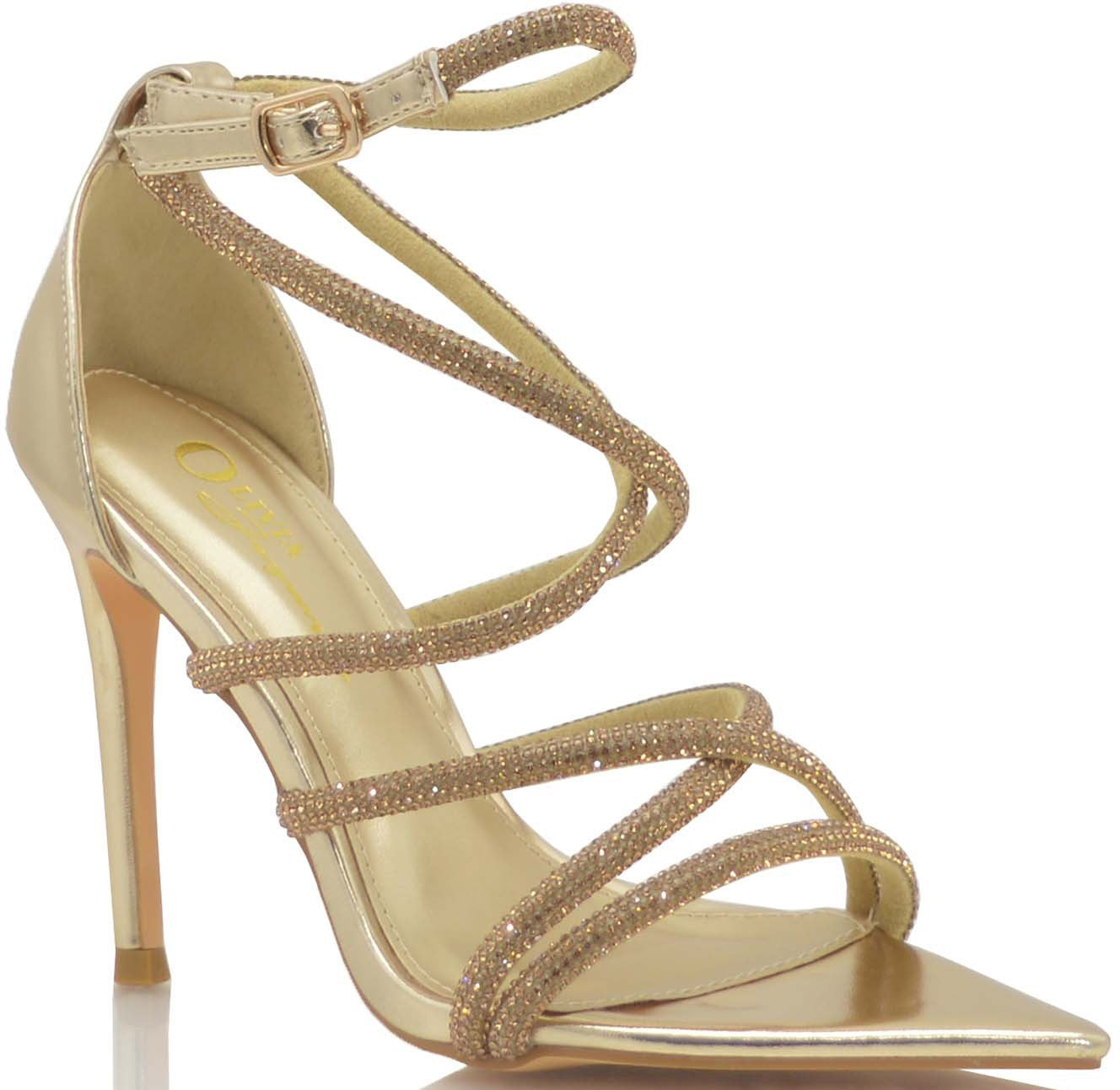 Golden Glam Rhinestones Strappy Heels