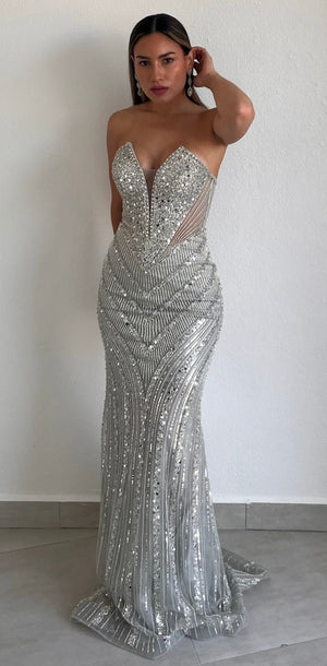 Elaborate Glam Silver Beaded Formal Gown