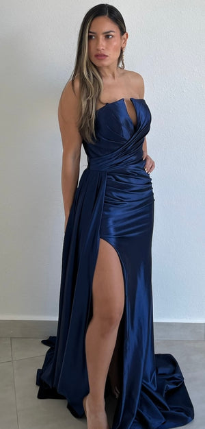 Keep it Regal Navy Strapless Satin Formal Gown