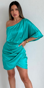 Elegant Poise Turquoise One-Shoulder Satin Dress