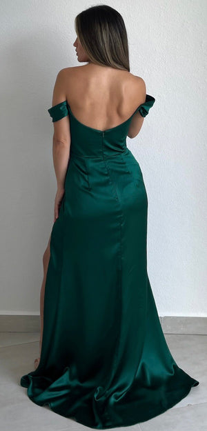 Perfectly Classy Emerald Off-Shoulder Satin Formal Gown