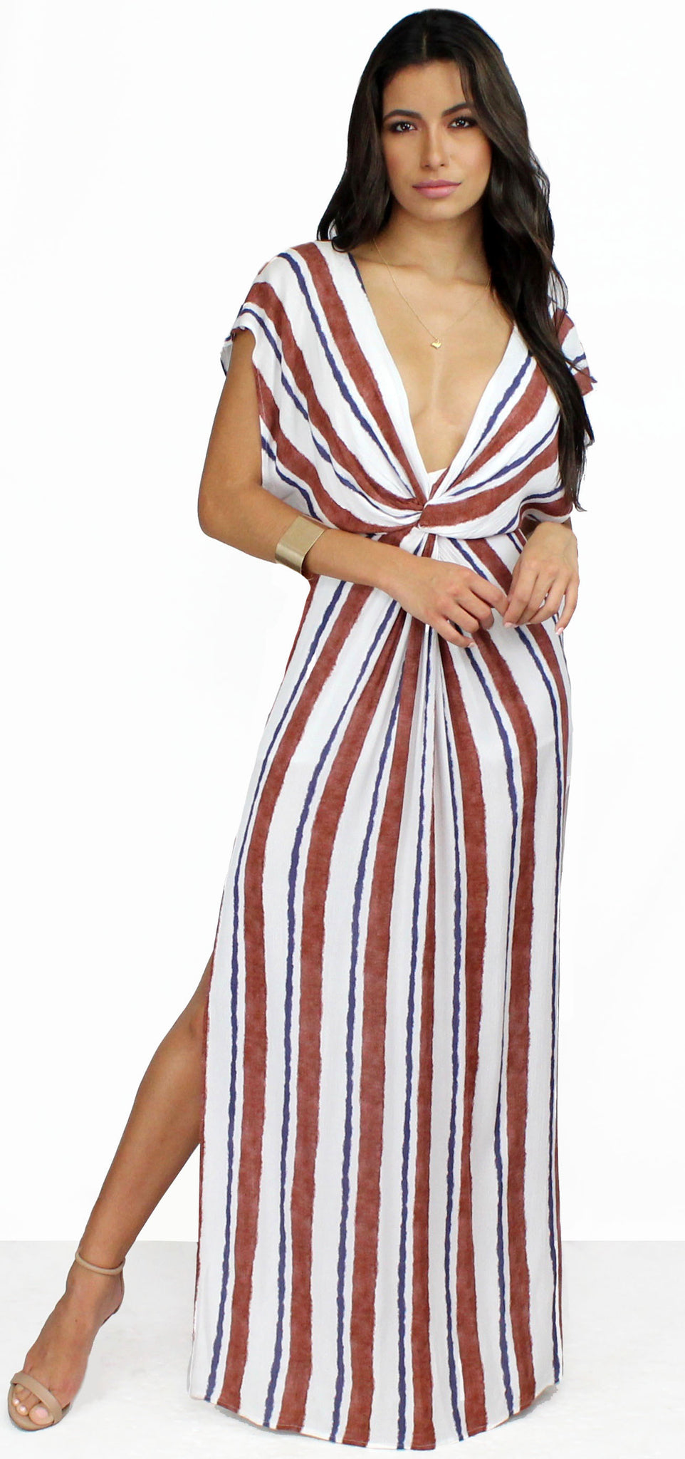 Coastal Grooves White & Rust Striped Maxi Dress