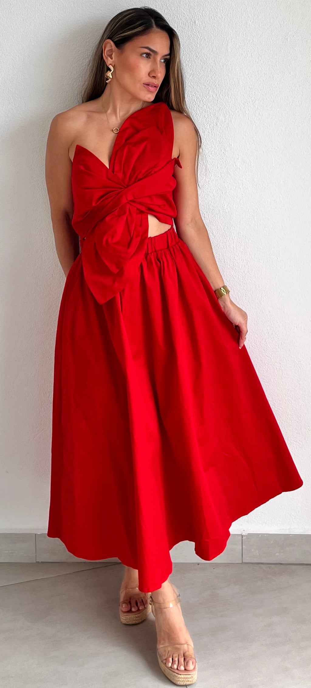 Bloom Style Red One-Shoulder Midi Dress