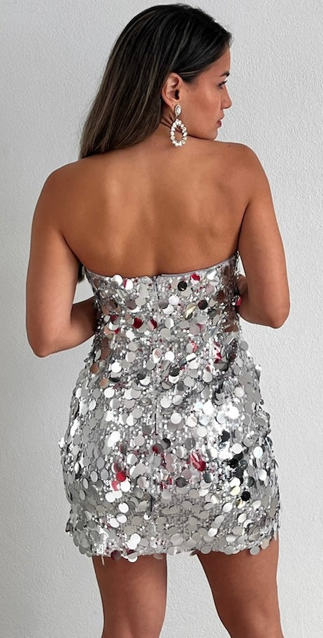 Sparkling Style Silver Sequins Mini Dress