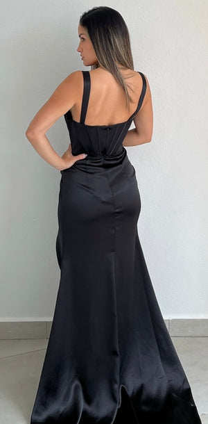 Dreaming of Elegance Black Satin Formal Gown