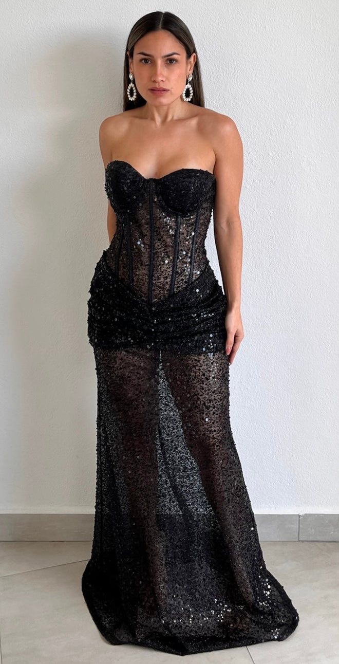 Mesmerizing Diva Black Sequins Corset Long Dress