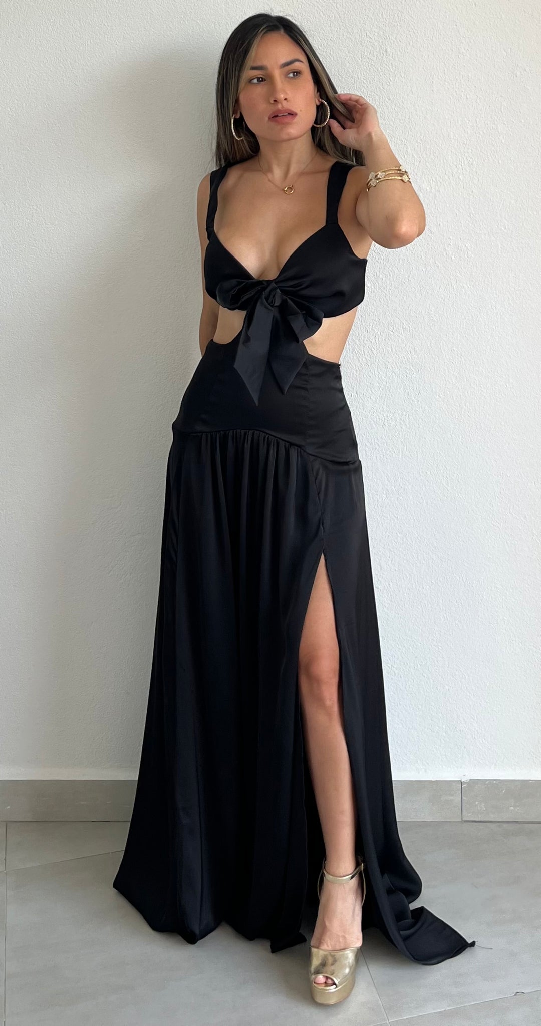 Work of Art Black Satin Maxi Dress