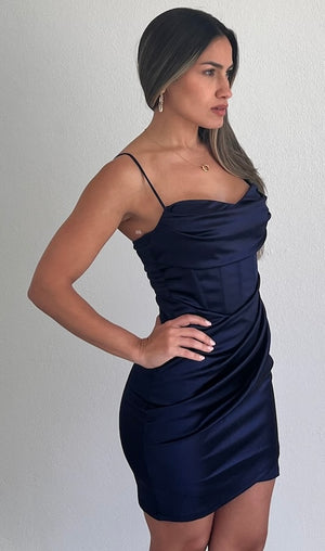 Sleek Essence Navy Satin Corset Bodycon Dress