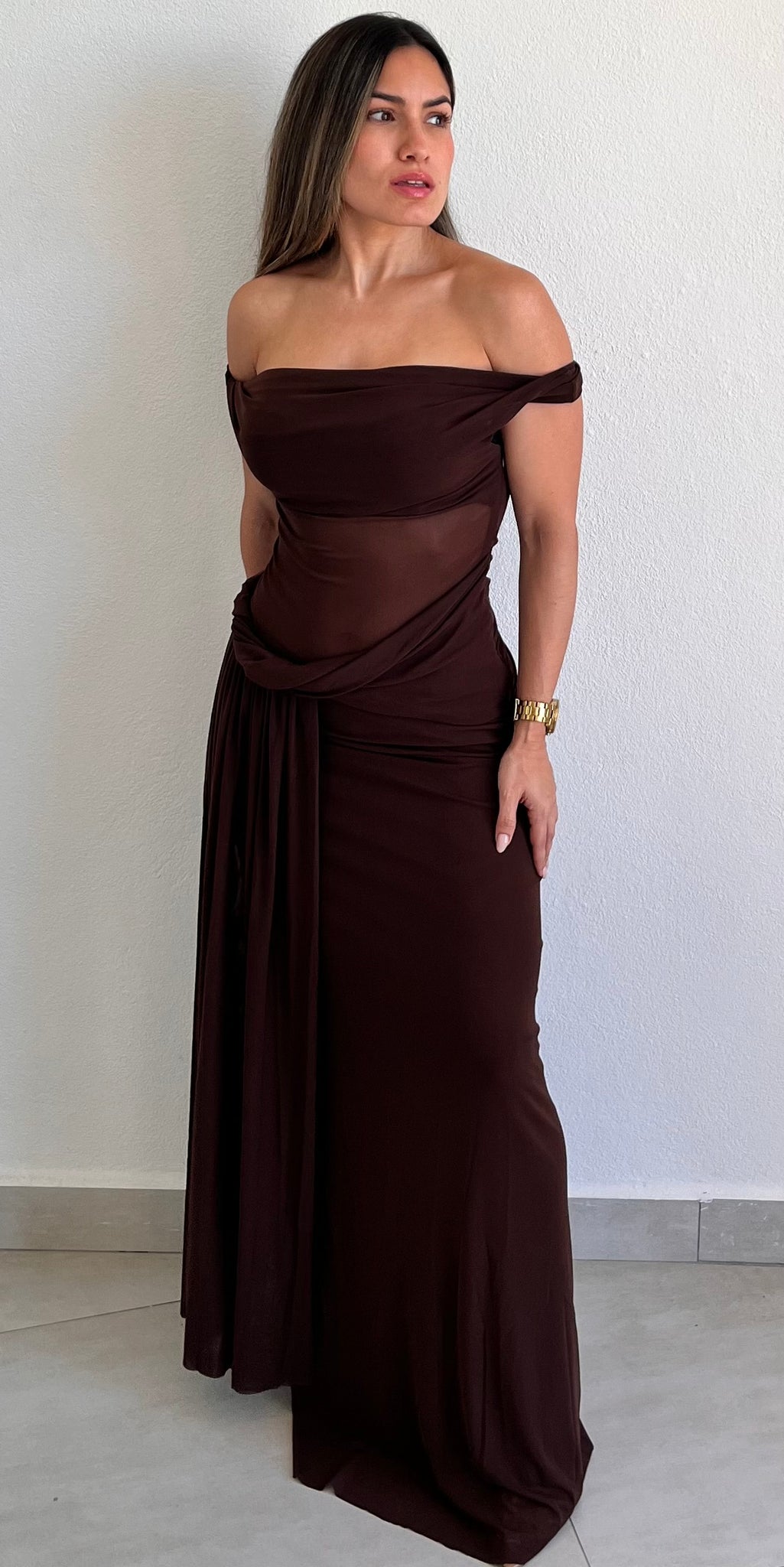 Trendsetting Design Brown Mesh Long Dress