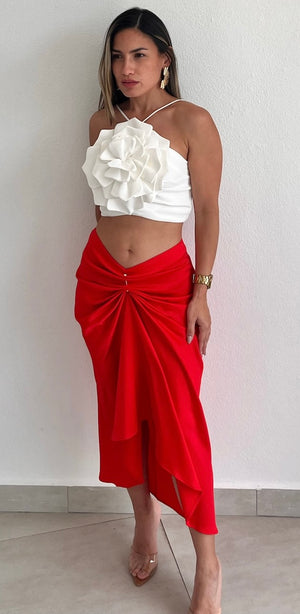 Pleasant Poise Red Satin Midi Skirt