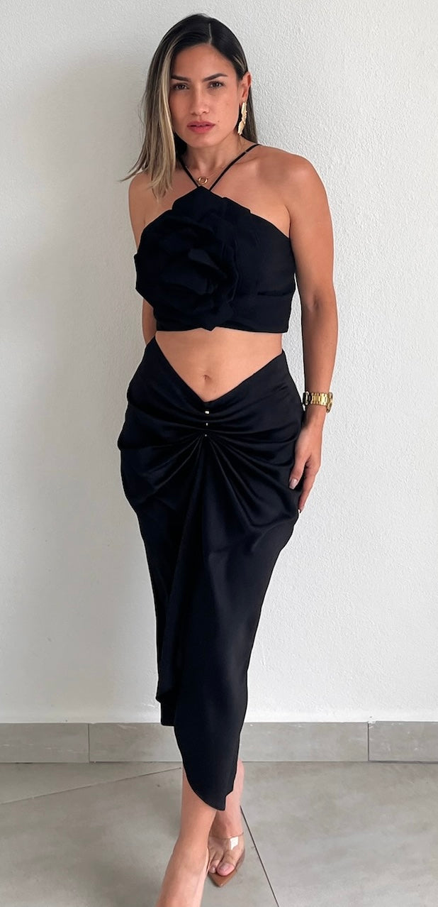 Pleasant Poise Black Satin Midi Skirt