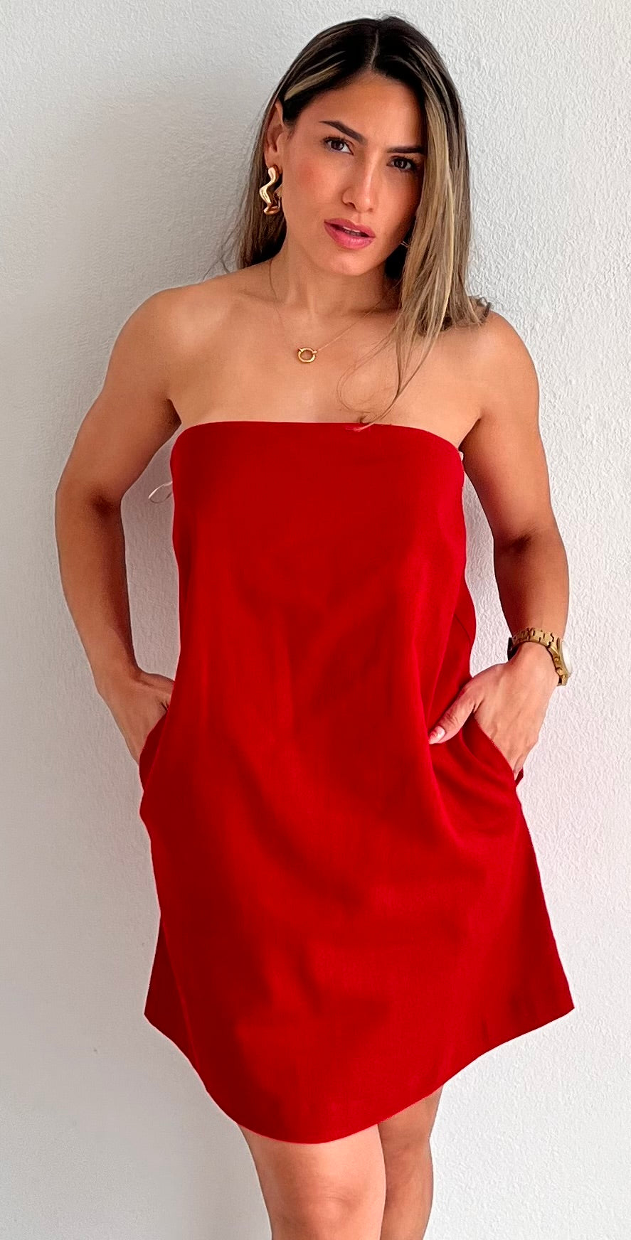 Sun & Style Red Linen Strapless Dress