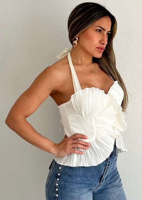 Impressive Style Pleated White Halted Top