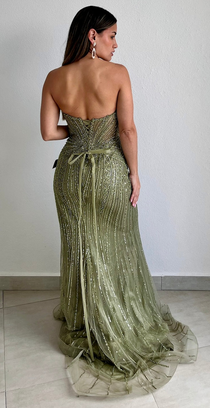 Forever Glam Greenery Beaded Mermaid Formal Gown