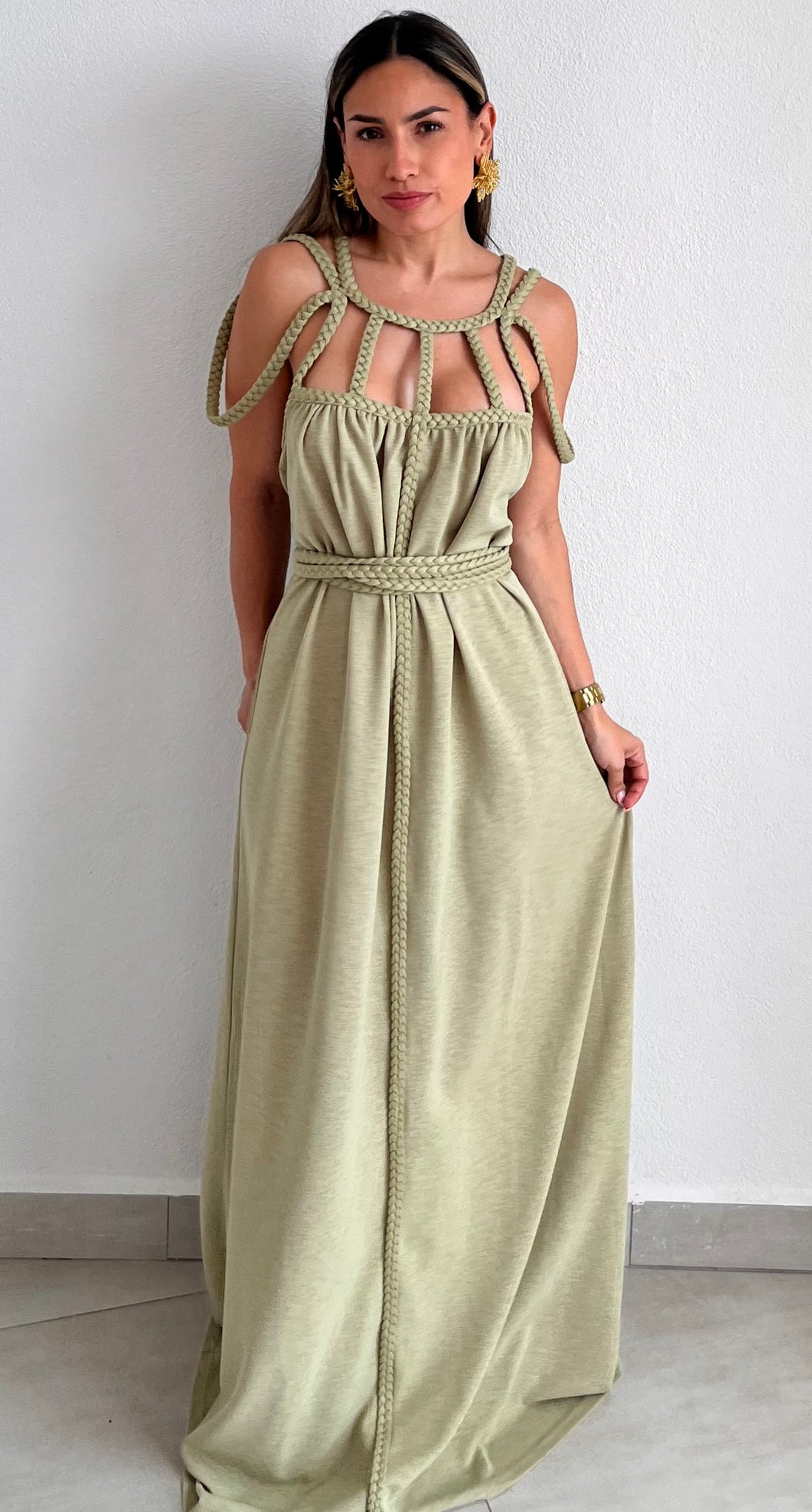 Goddess in Sage and Braids Maxi Dress