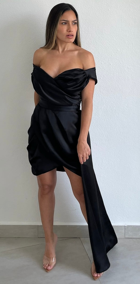 Chic Pleated Off-the-Shoulder Stretch Satin Dress Black