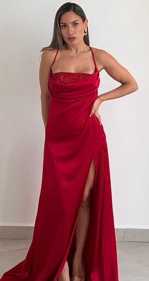 Moment to Shine Red Satin Long Dress