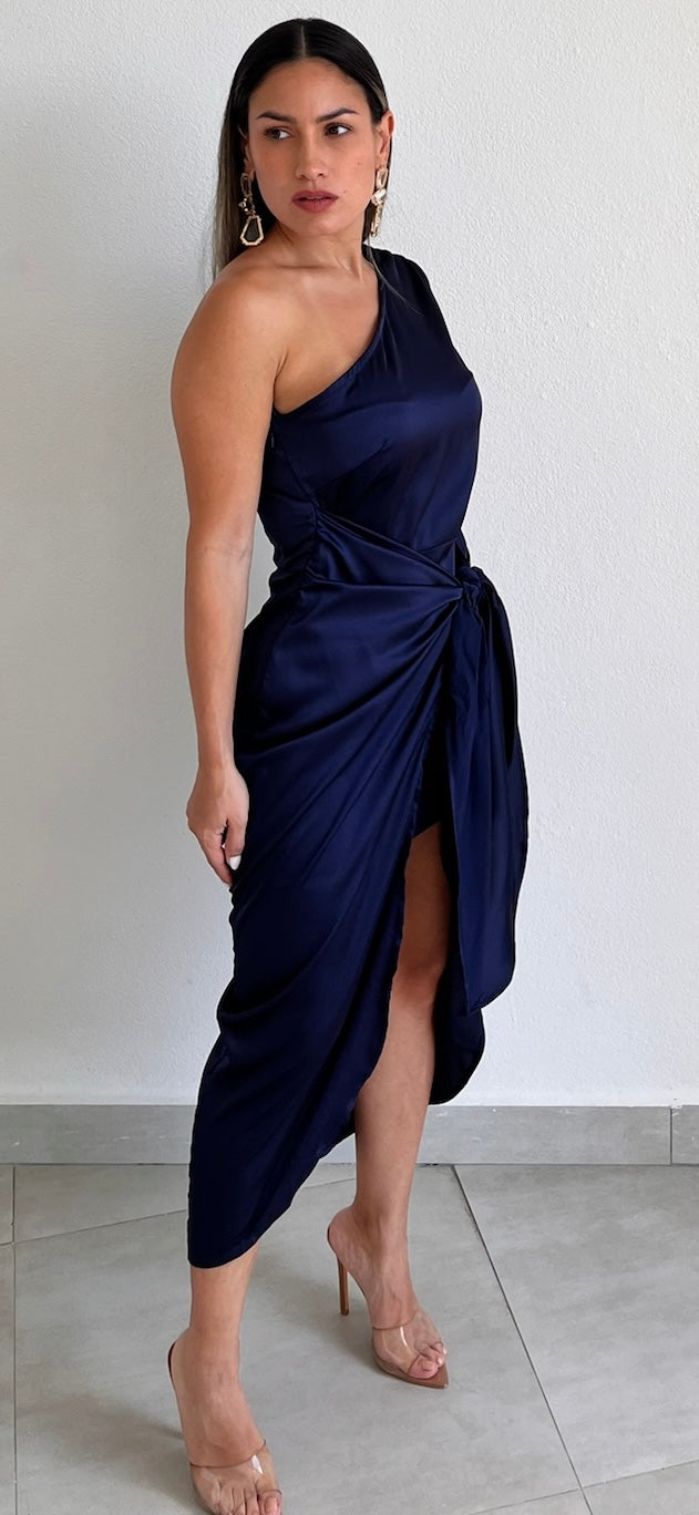 Classy Attitude One-Shoulder Navy Satin Midi Dress