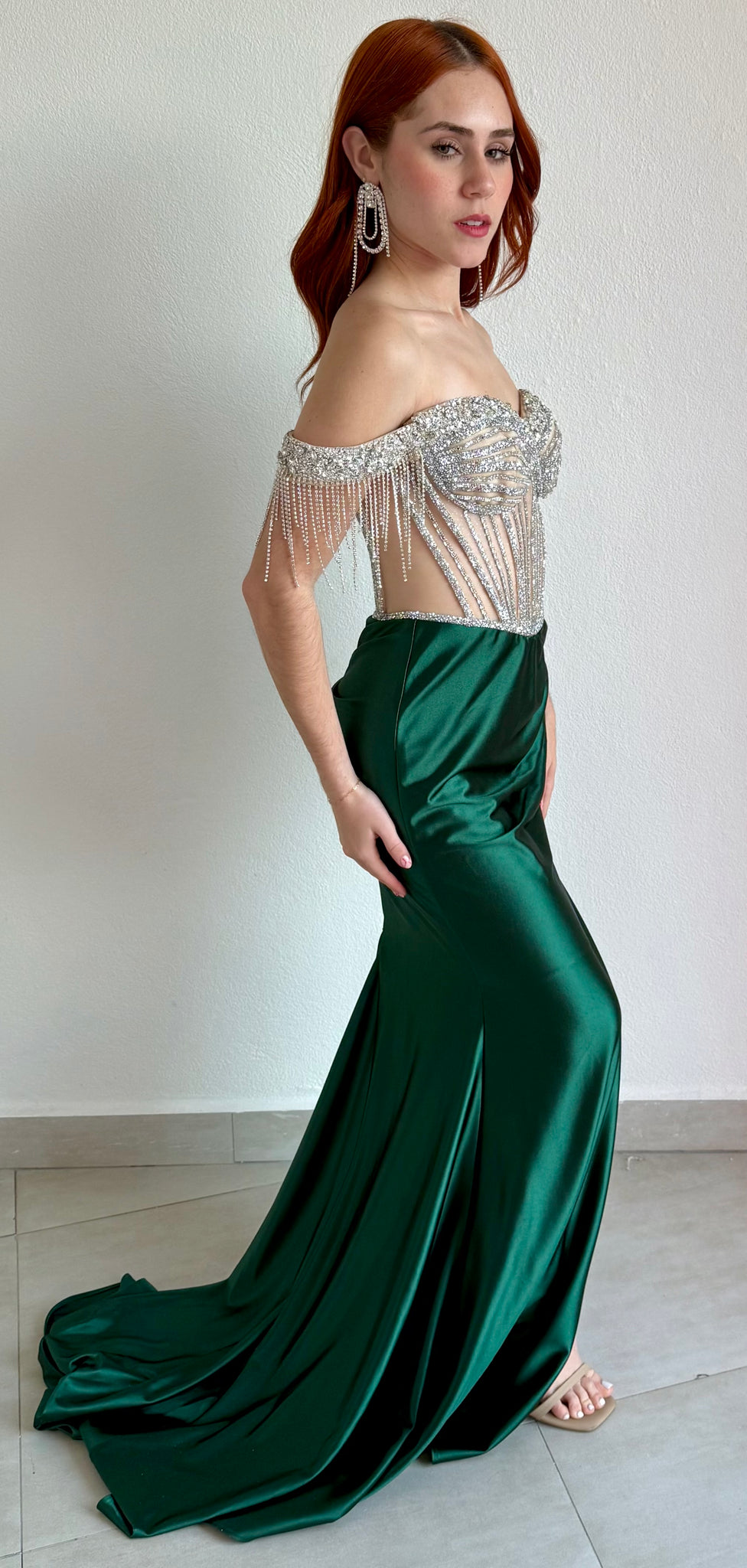 Glamorous Entrance Emerald Rhinestones Off Shoulder Gown