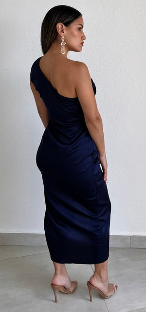 Classy Attitude One-Shoulder Navy Satin Midi Dress