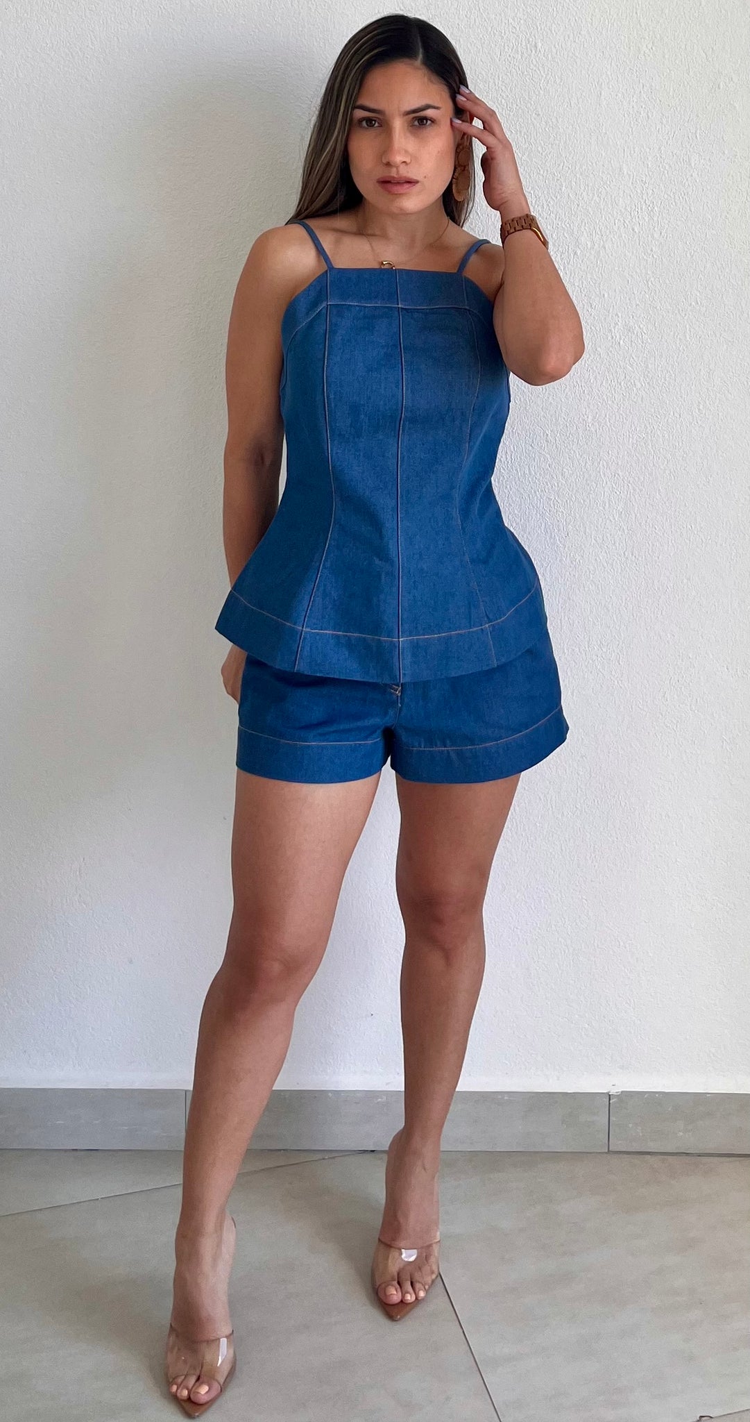 Poised Paring Denim Two Piece Set