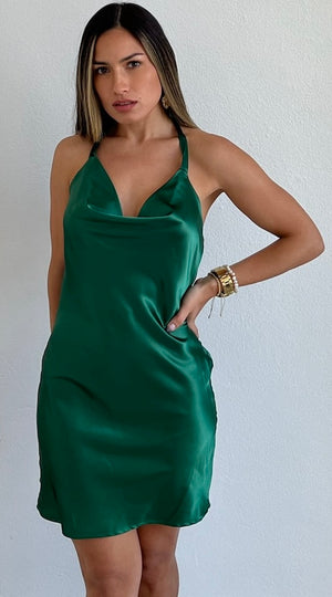 Showing Off a Little Emerald Satin Dress