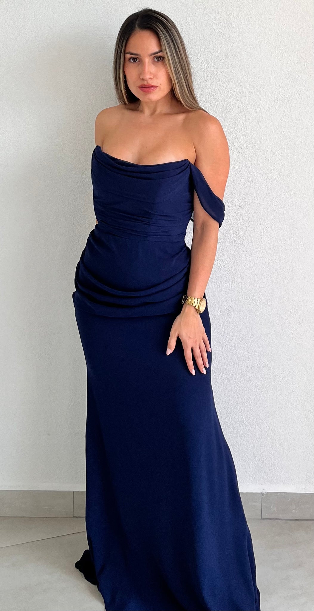 Special Moment Off-Shoulder Navy Formal Gown
