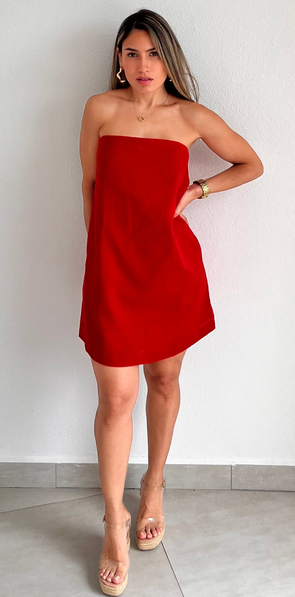 Sun & Style Red Linen Strapless Dress