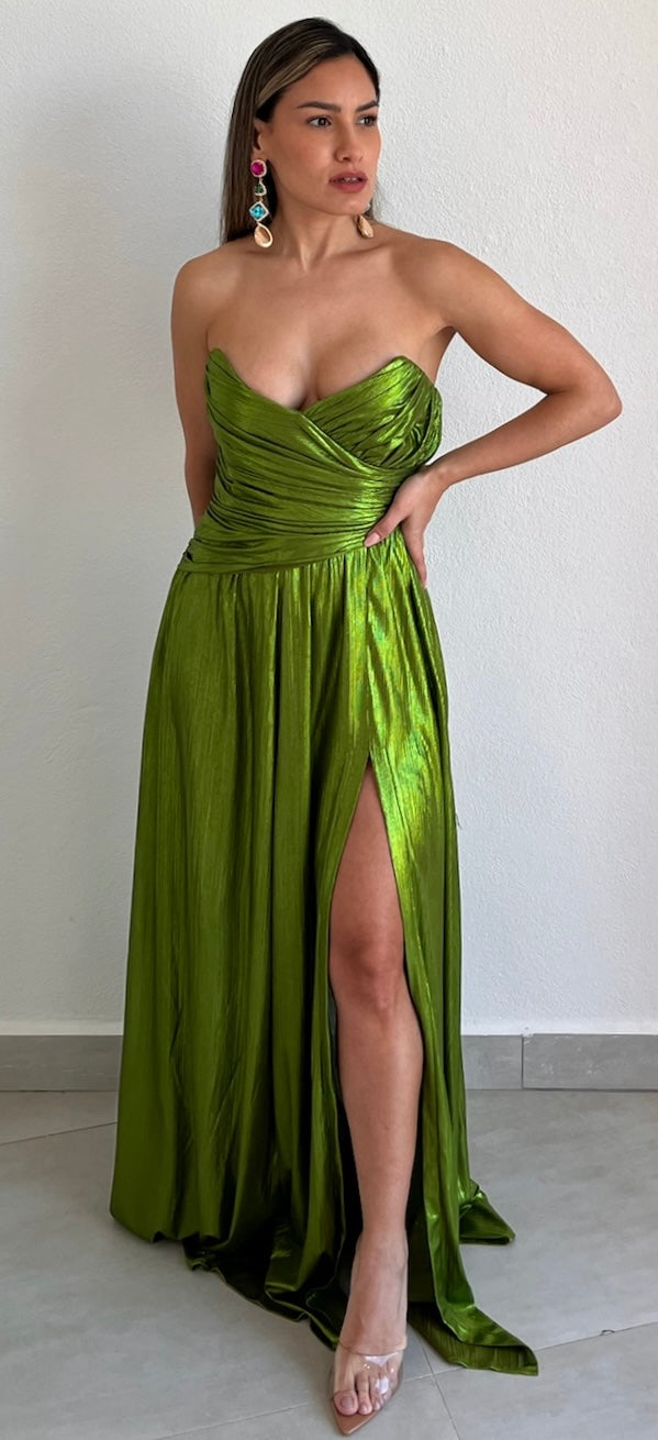 metallic green formal dress Stacees 2026 Shiny Metallic Daffodil Pleated Prom Dress with Strappy Details