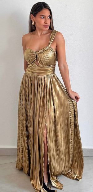 Metallic Glam Pleated Gold Maxi Dress