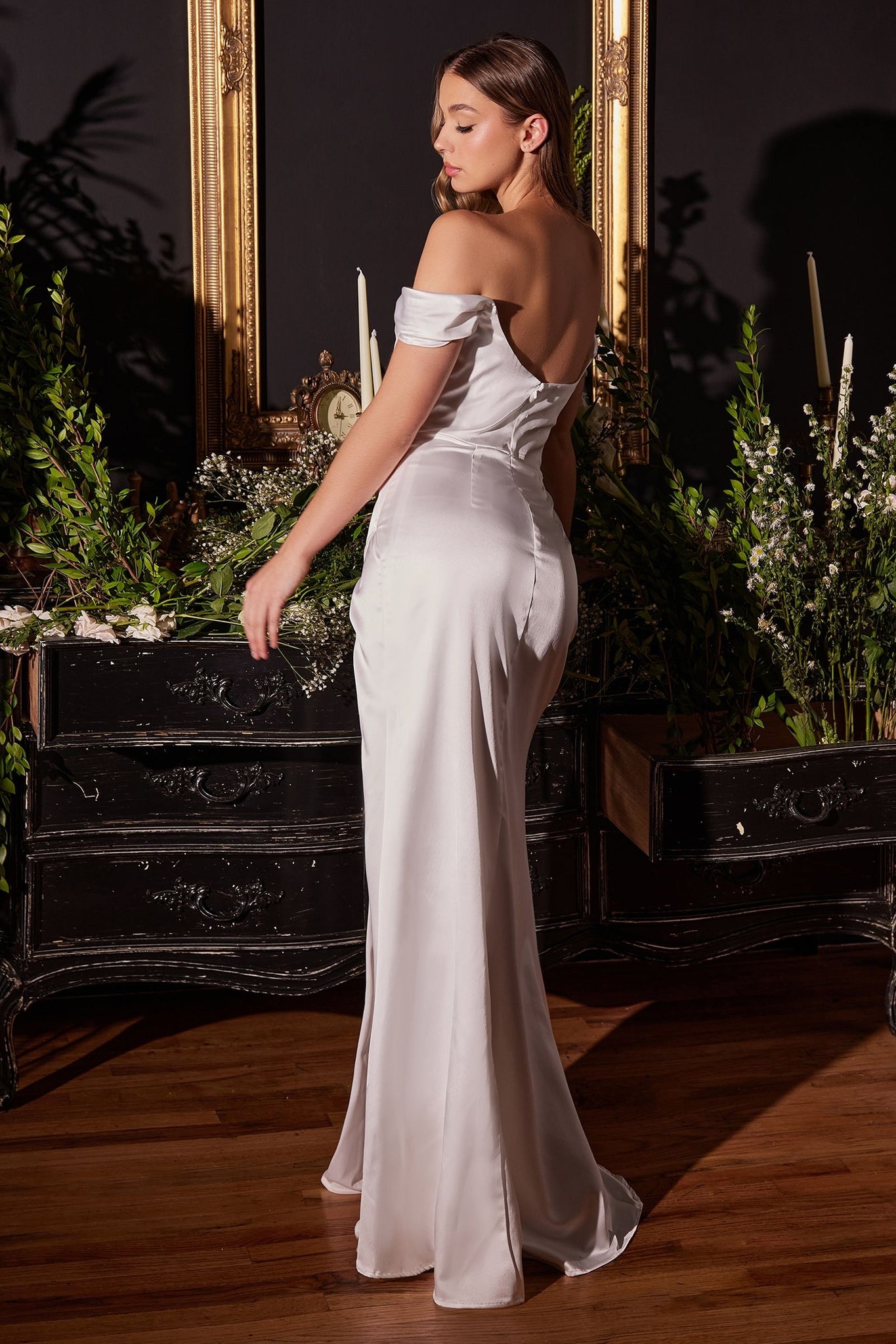 Perfectly Classy White Off-Shoulder Satin Formal Gown