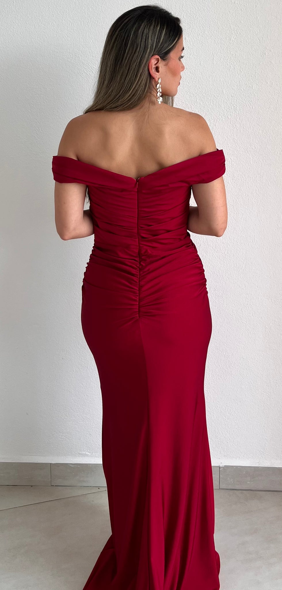 Glamorous Sweetie Off-Shoulder Burgundy Gown